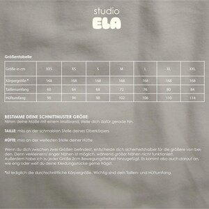 May include: A size chart for clothing in centimeters. The chart shows the size, body height, waist circumference, and hip circumference for sizes XXS to XXL.