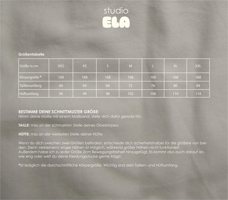 May include: A size chart for clothing in centimeters. The chart shows the size, body height, waist circumference, and hip circumference for sizes XXS to XXL.