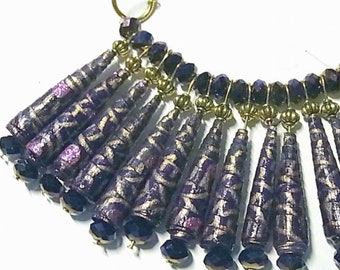 Beaded Necklace. Handmade Purple and gold paper bead and stunning swarovski crystals beaded necklace. Eryka Garbutt design original.