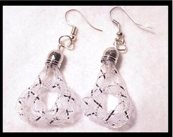 Dangle style Celtic Earrings. Delicate Celtic Knot design in white & silver 4mm nylon mesh tubing. Cute, light and easy  to wear