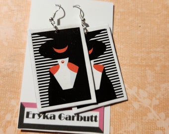 Dangle earrings, Art Deco lady with black hat, linen on matt board, very light and easy to wear. Original design by Eryka Garbutt Designs.