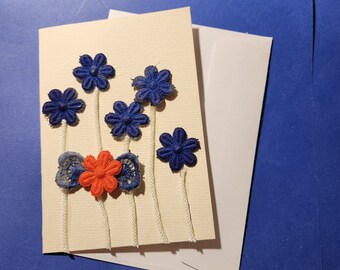 Blank greeting card hand dyed vintage lace blue flowers with white stems. One off design.