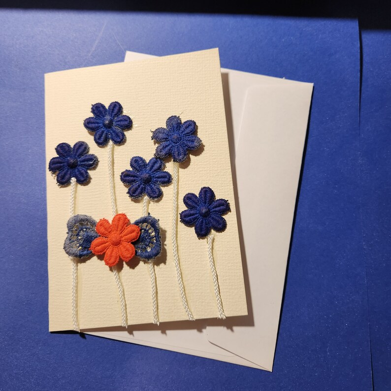 Blank greeting card hand dyed vintage lace blue flowers with white stems. One off design. image 1