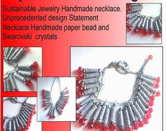 Paper bead and swarovski crystal necklace Hand crafted handmade in black, white chevron and red crystals. Paper bead necklace for women.