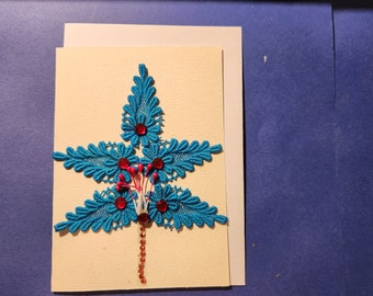 Blank greeting card hand dyed vintage lace bright blue flowers with red centres and stamens. One off design.