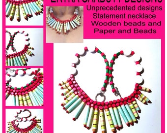 Necklace Handmade Pink & Green Paper and wooden bead. It is 54.00cm overall. Statement Necklace for women with style.