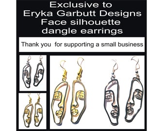 Dangle earrings, Face silhouette in gold or silver. Matched set. Minimalist and elegant. Lightweight.