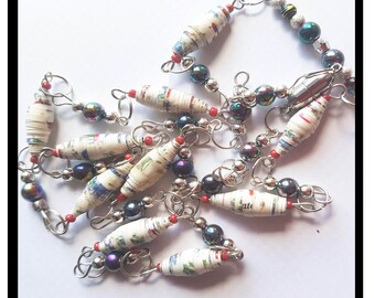 Paper Beaded necklace. Extra long Handmade paper bead white, red and blue beads. 84.00cm long. Delicate, versatile, elegant & lightweight.