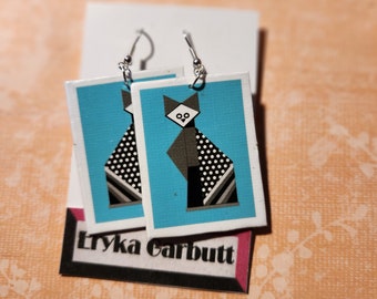 Dangle earrings, B&W cat on blue, linen on matt board, very light and easy to wear. Original design by Eryka Garbutt Designs.