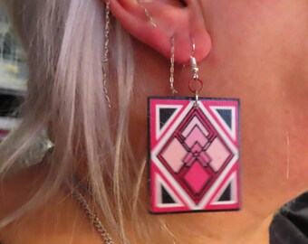 Art Deco Dangle style earrings. Original design in red, white, pink & black. Design printed on linen. Designer original. Earring  for women.