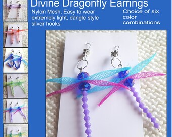 Dragonfly dangle Earring for women. Very light Nylon mesh tubing with crystals. Designer earrings, six color choices, easy to wear.