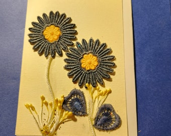 Blank greeting card hand dyed vintage lace  blue flowers with yellow centres and stamens. One off design.