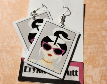 Dangle earrings, cute girl with glasses, linen on matt board, very light and easy to wear. Original design by Eryka Garbutt Designs.