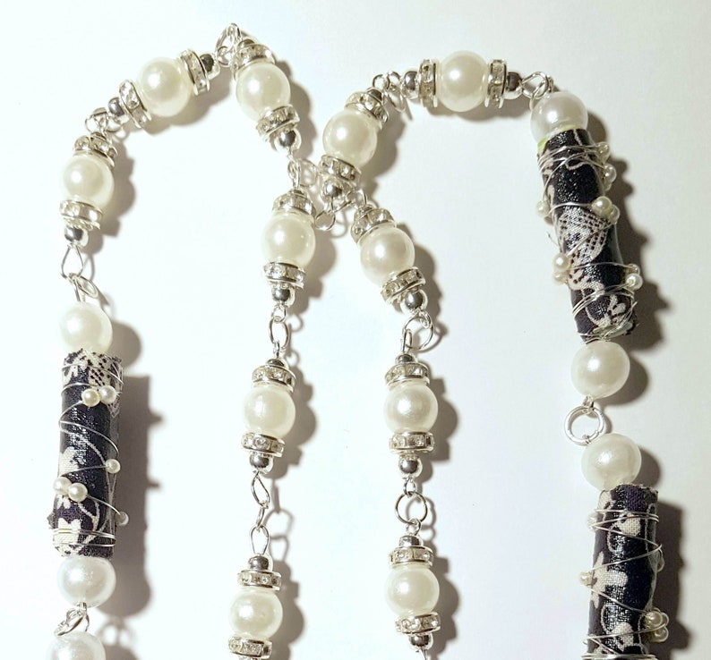 Fabric Bead necklace, navy & white bead wire wrapped with silver wire and pearls, white pearl end beads. Handmade. Support a small business image 6