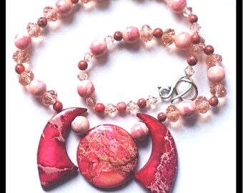 Art Deco Rose Jasper necklace, with swarovski crystals. Statement necklace