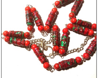 Fabric Beaded necklace, red and green fabric beads, red glass end beads, green wire wrap. Support a small business. handmade.