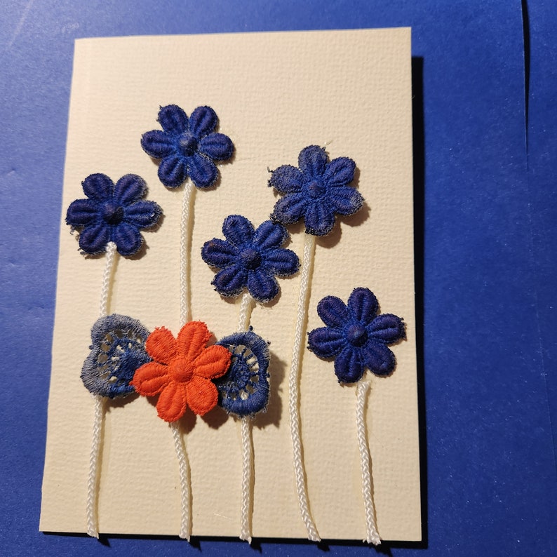 Blank greeting card hand dyed vintage lace blue flowers with white stems. One off design. image 2