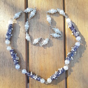 Fabric Bead necklace, navy & white bead wire wrapped with silver wire and pearls, white pearl end beads. Handmade. Support a small business image 2