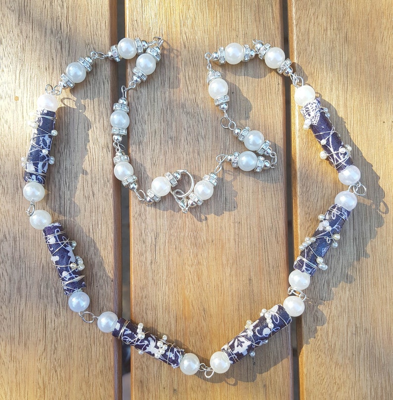 Fabric Bead necklace, navy & white bead wire wrapped with silver wire and pearls, white pearl end beads. Handmade. Support a small business image 2