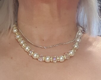 Beaded necklace, Swarovski crystals with pearls and gold pave spacers. Ideal for weddings and formal occasions. Support small business.