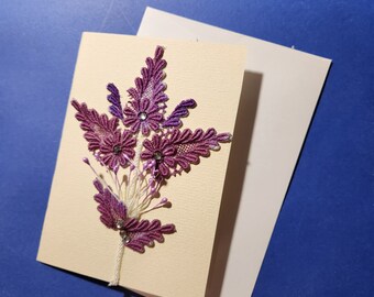 Blank greeting card hand dyed Intricate vintage lace purple flowers with crystal centres and stamens. One off design.