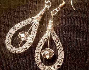 Earrings, Dangle nylon mesh White and silver with large crystal. Simple & elegant. Ideal for special occasions. Support local small business