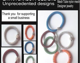 Nylon mesh Bangle bracelet with bling Magnetic clasp. Nylon mesh tube filled  with beads. Mesh tube bracelet for women, Five color choices.