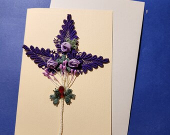 Blank greeting card hand dyed Intricate vintage lace  purple flowers with rosebuds and stamens. One off design.