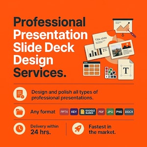 Puede incluir: Un anuncio gráfico naranja para servicios de diseño de presentaciones profesionales. Incluye iconos de diapositivas, gráficos y formatos de archivo como PPTX, KEY, Google Slides, PDF, JPG, PNG y DOCX. El texto incluye 'Design and polish all types of professional presentations', 'Any format', 'Delivery within 24 hrs.' y 'Fastest in the market.'