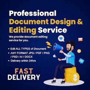 May include: A professional document design and editing service advertisement on a dark blue background. It features a 3D character holding a blue megaphone, sitting on a stack of gold coins, with text detailing document editing and fast delivery.