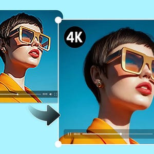Puede incluir: Una persona con gafas de sol doradas de gran tamaño con lentes azules y naranjas, una blazer amarilla y pendientes dorados. El fondo es un cielo azul brillante. La imagen está etiquetada como "4K".