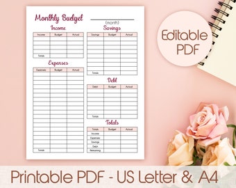 Editable PDF Monthly Budget | Auto Calculates Totals | Printable US Letter & A4 PDF | Instant Download