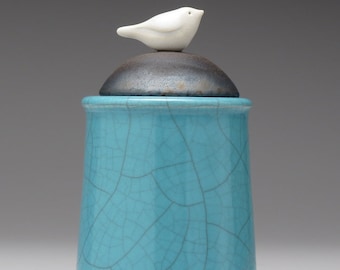Ceramic Bird jar, white, black, handmade pottery jar, Little Clay Bird on Jar, raku fired art pottery