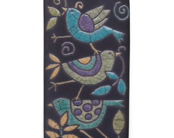 Birds ,Ceramic tile,Whimsical,turquoise,green,orange handmade, wall art, home decor 3x6 raku fired art tile