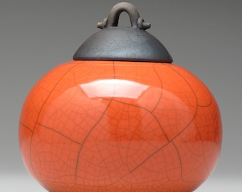 Small Ceramic Jar with lid, Raku fired art pottery,black and red orange ,home decor, small urn
