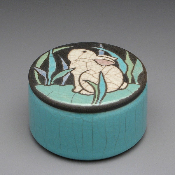 Rabbit Box, a round handmade raku fired clay box, trinket box,treasure box