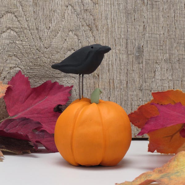 crow on a pumpkin. ceramic clay, halloween decor, fall decor-1