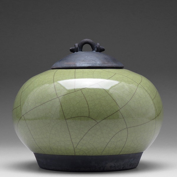 Raku ceramic Jar,Olive green Pottery,Raku Fired Covered Jar, home decor,handmade jar,art pottery,small urn