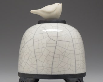 ceramic jar with bird, white crackle glaze, art pottery, raku jar, small pet urn, handmade, home decor