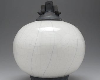 White Crackle Raku Ceramic Jar with Lid, Large Art Pottery Vessel