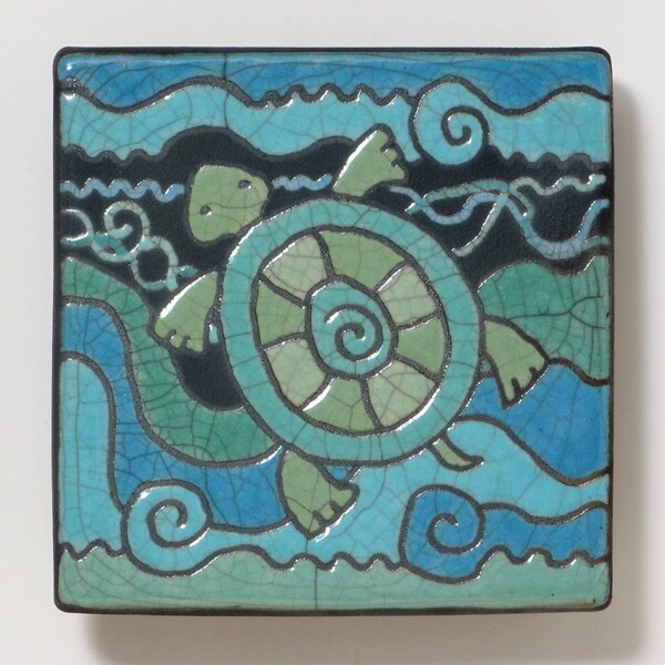 Turtle tile , a 4x4 raku fired art tile