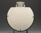 sculptural vessel, raku white crackle glaze, quot amphora quot vessel on stand, raku fired art pottery, ceramic art