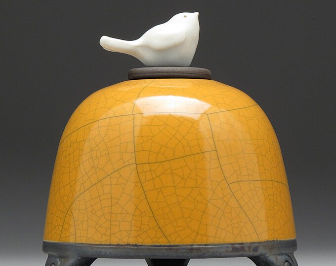 Pottery Jar,bird Jar, Ceramic Jar, Small Urn, Lidded Jar, Yellow Gold