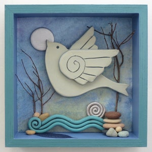 Bird,and Beach Stones, a 8x8 inches mixed media shadowbox assemblage for nature lovers
