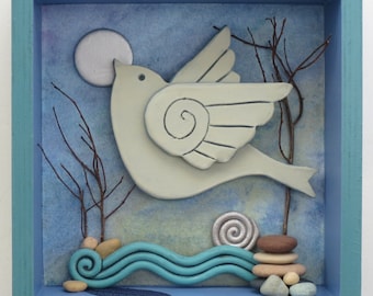 Bird,and Beach Stones, a 8x8 inches mixed media shadowbox assemblage for nature lovers