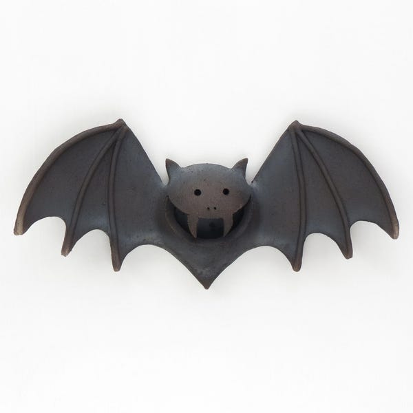 Halloween Bat, Smiling Vampire Bat, Ceramic, clay, raku, bat, wall art, pottery, -1.