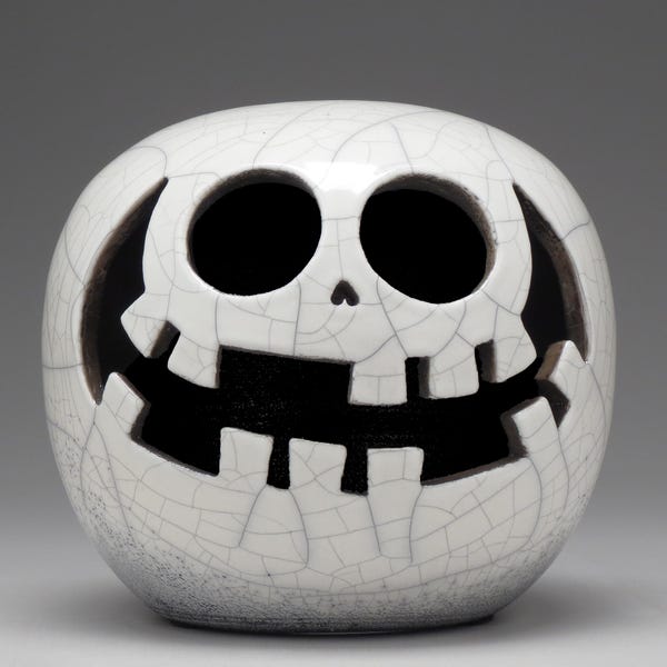 Skull, ceramic skull, raku fired skull, halloween decoration, crackle glaze