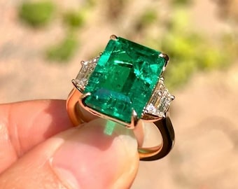 Lab Grown Emerald Ring: Octagon Cut, Sterling Silver or 18k Gold