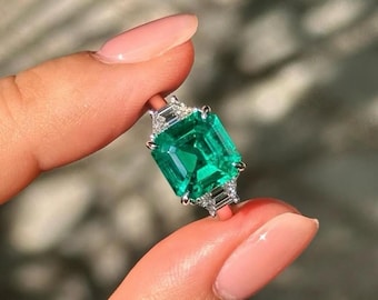 Lab Grown Emerald Asscher Cut Ring: 18k Solid Gold or 925 Silver