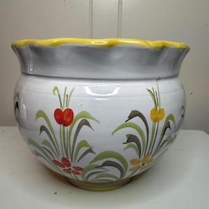 May include: White ceramic plant pot with a yellow, scalloped rim. The pot is decorated with hand-painted floral designs in red, yellow, green, and brown. A decorative piece for indoor or outdoor use.